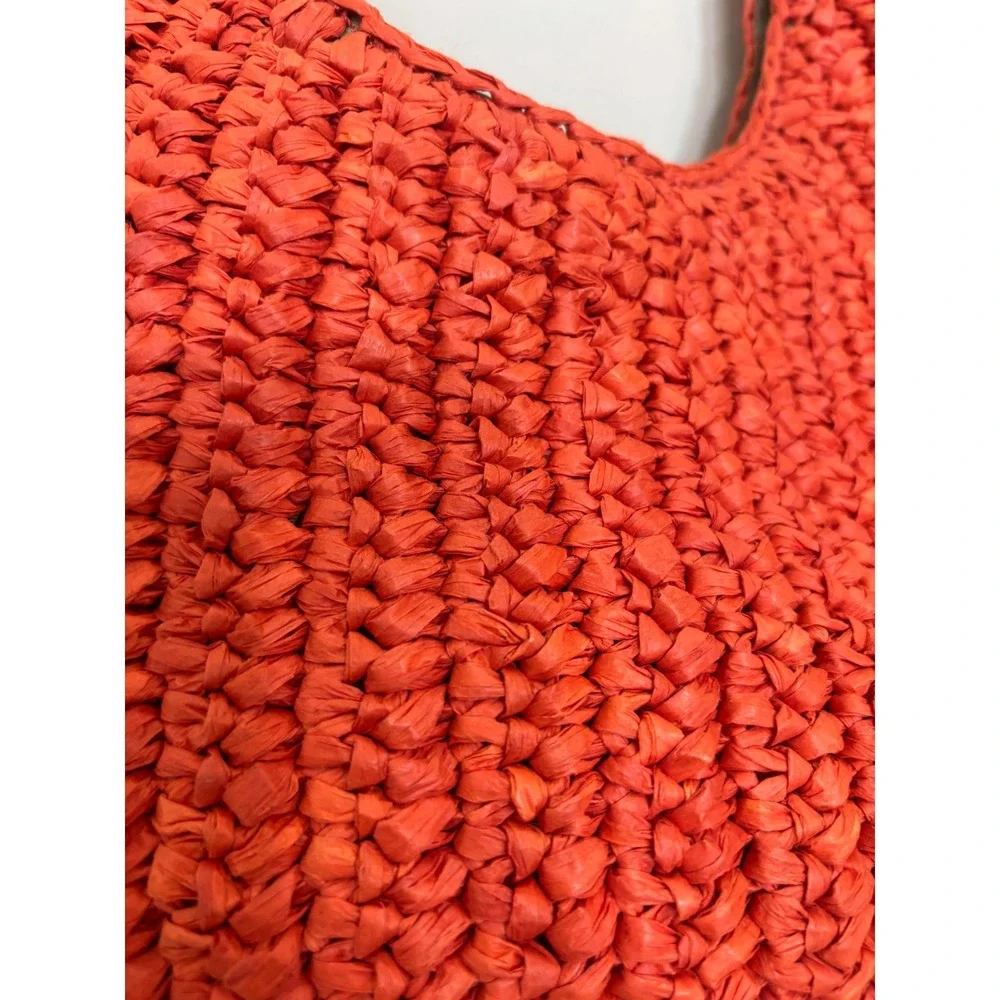 Rodeo Bar Style Raffia Hobo Bag‎ Orange Leather Trim Braided Strap Crescent